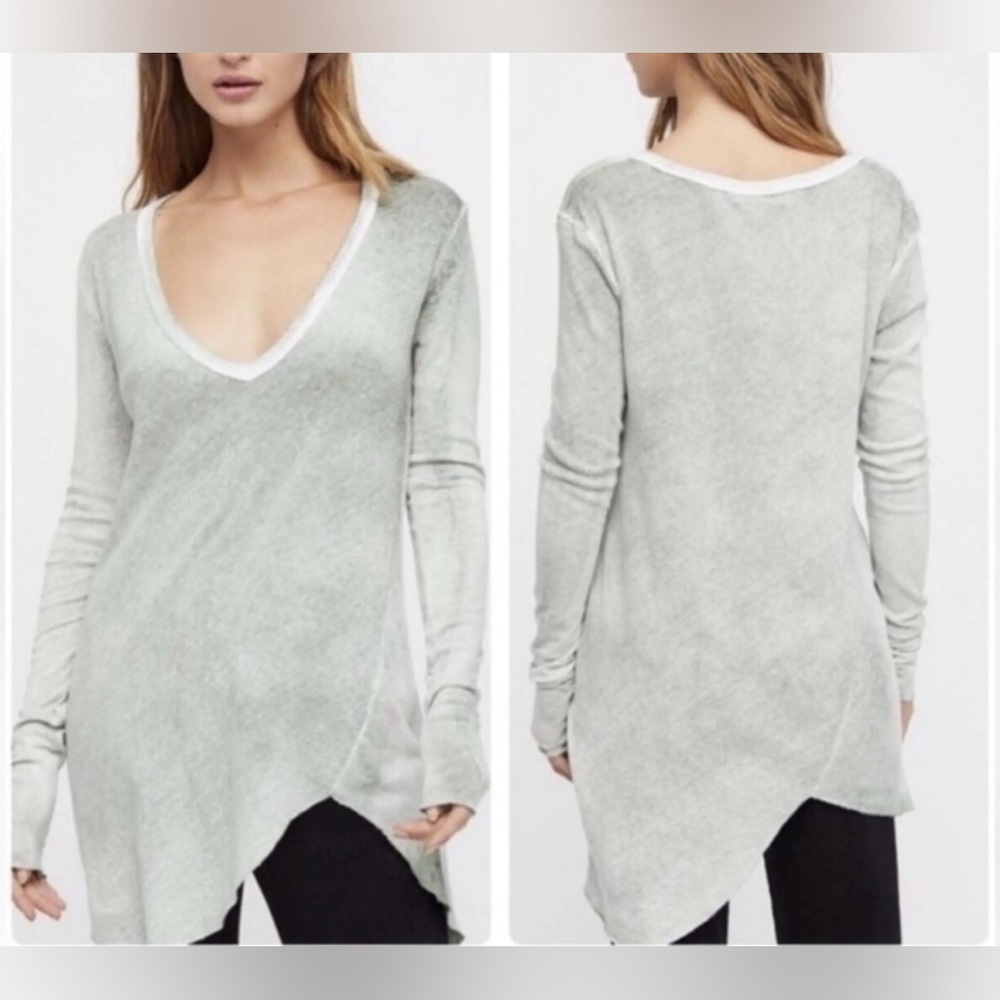 Free People Long Beach Pullover Asymmetrical Distressed Wash Olive T Shirt (S) - Picture 9 of 9